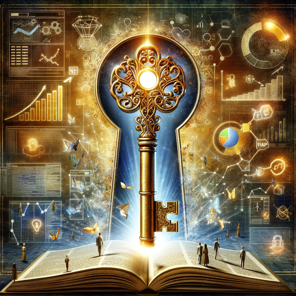 "Golden key symbolizing NLP inserted into a computer screen-shaped keyhole with SEO elements around it."