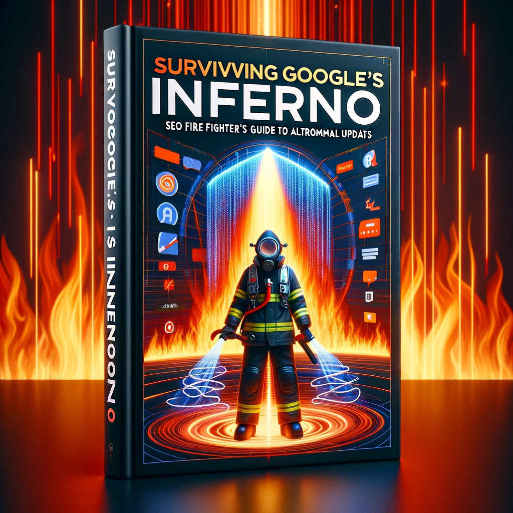 Digital book cover depicting a firefighter spraying SEO keywords against a digital inferno, symbolizing strategies to combat Google's algorithm updates.