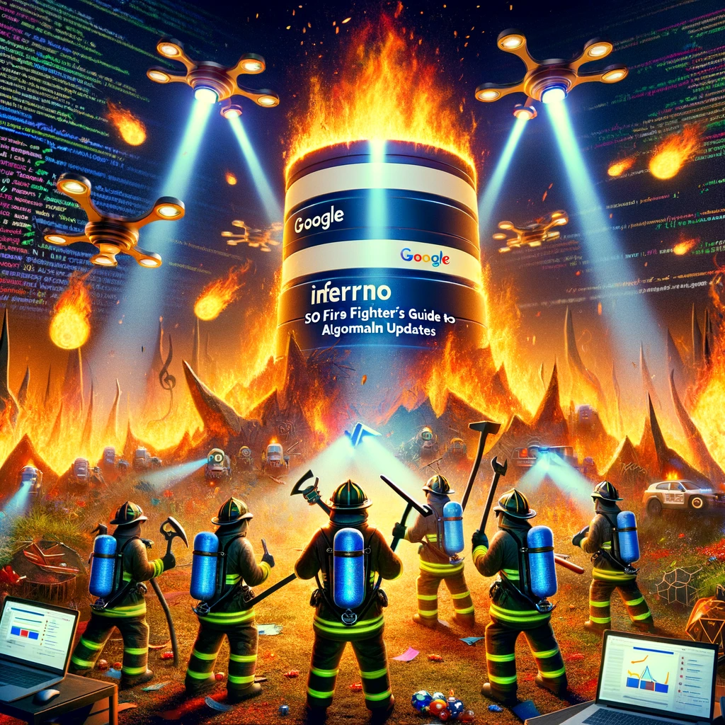 SEO professionals as firefighters battling against fiery Google algorithm updates in a digital landscape.