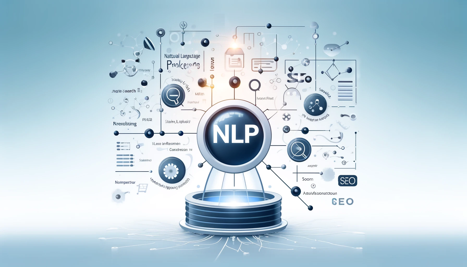 Illustration of Natural Language Processing (NLP) enhancing Search Engine Optimization (SEO) with symbols of search engines, keywords, and interconnected lines representing language analysis.