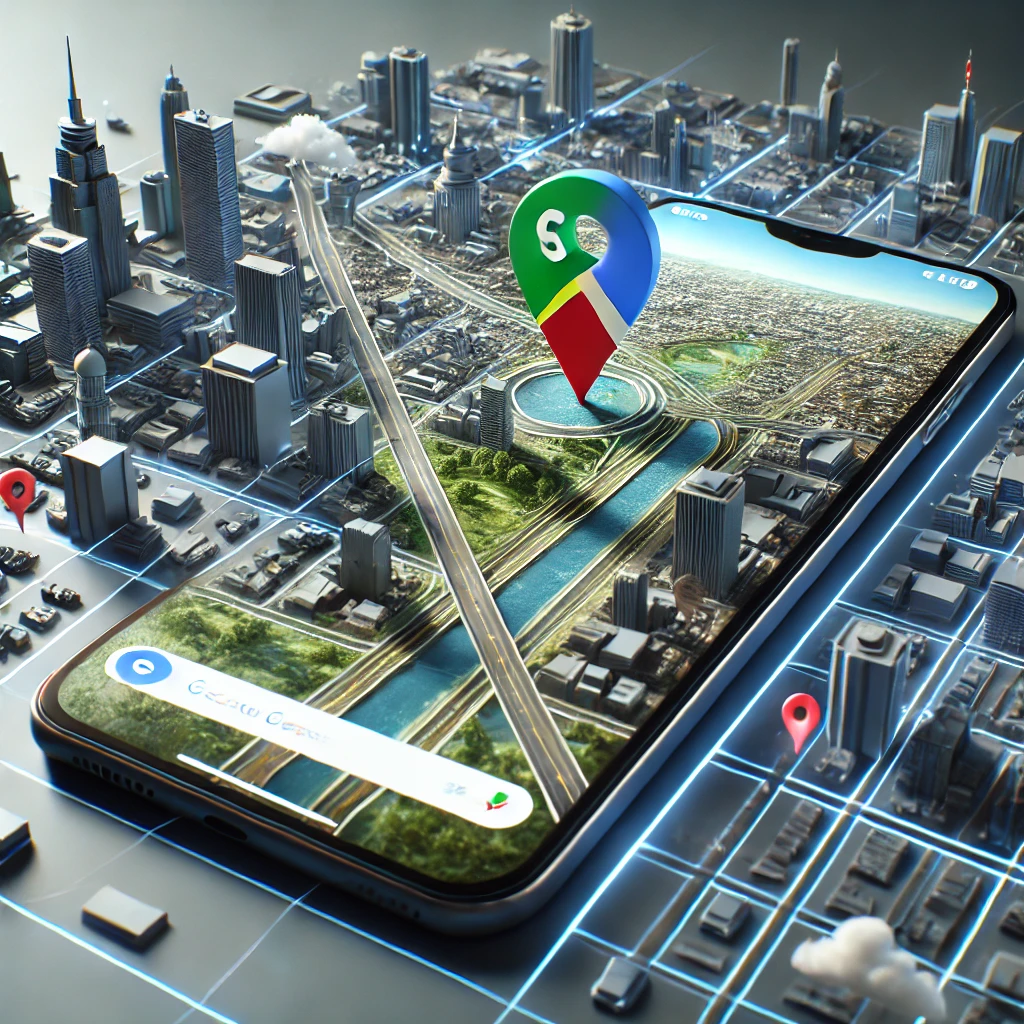 Google Maps on a modern smartphone with a detailed cityscape