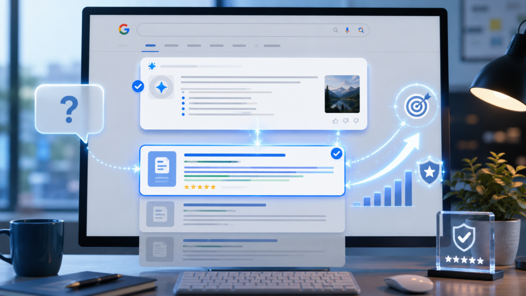 Modern office with AI-powered search results